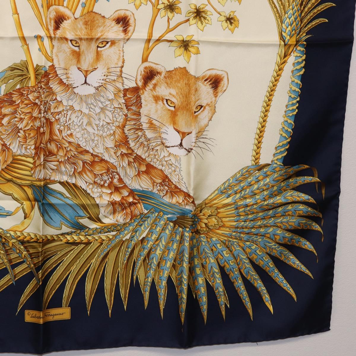 Salvatore Ferragamo Leopard Pattern Scarf Silk Navy White Auth am12287V