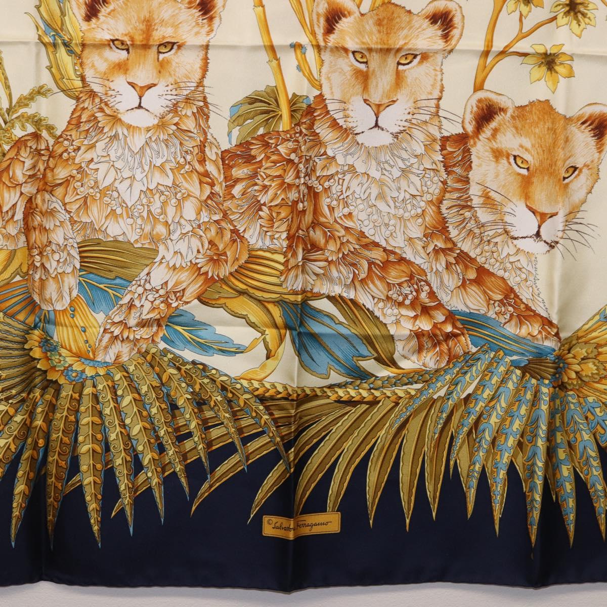 Salvatore Ferragamo Leopard Pattern Scarf Silk Navy White Auth am12287V