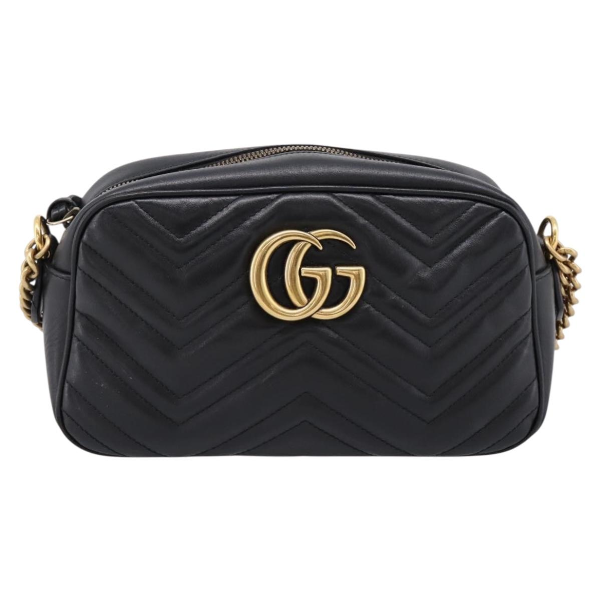 GUCCI GG Marmont Chain Shoulder Bag Leather Black Gold Tone 447632 Auth am12299V