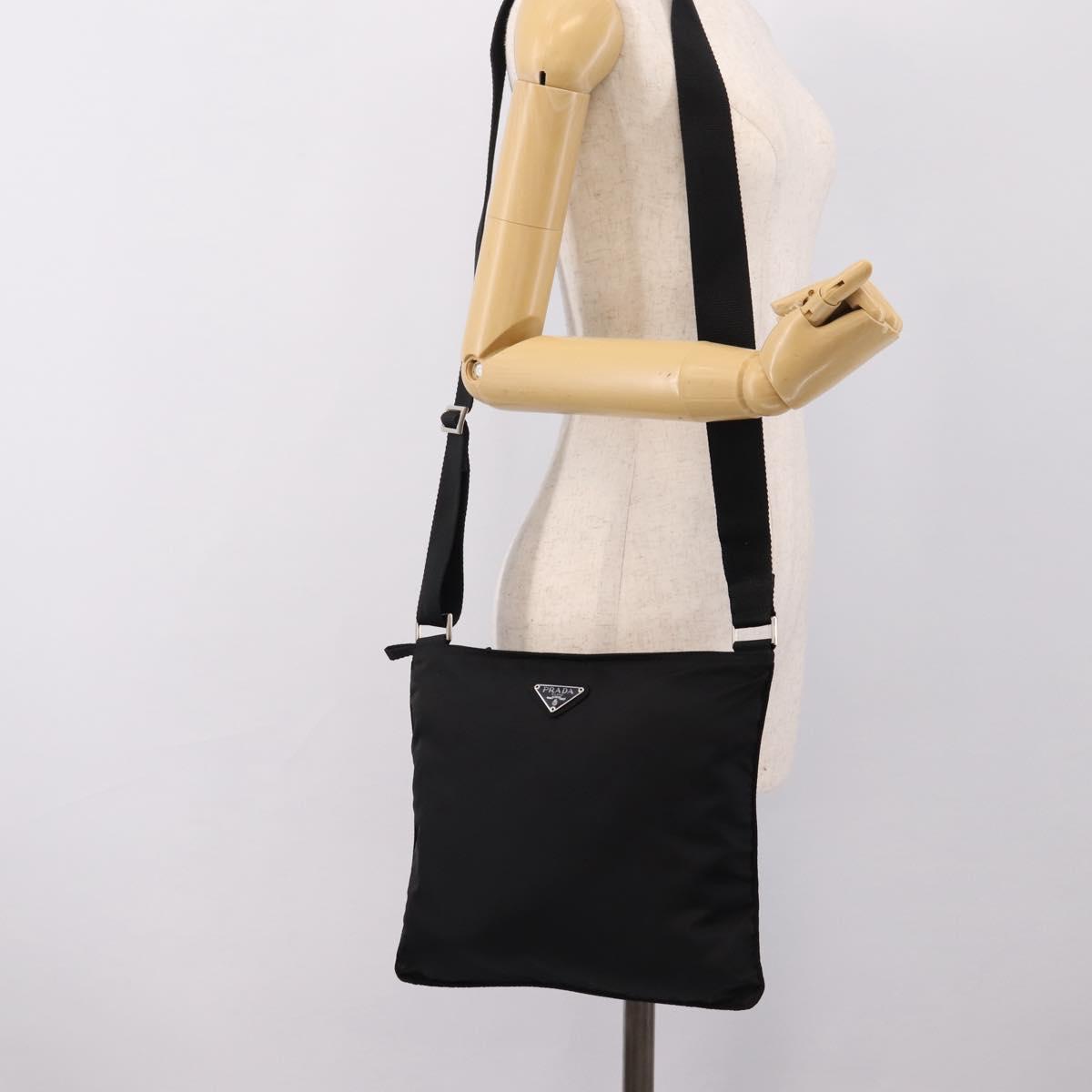 PRADA Nylon Shoulder Bag Black Silver B7338 Auth am12305V