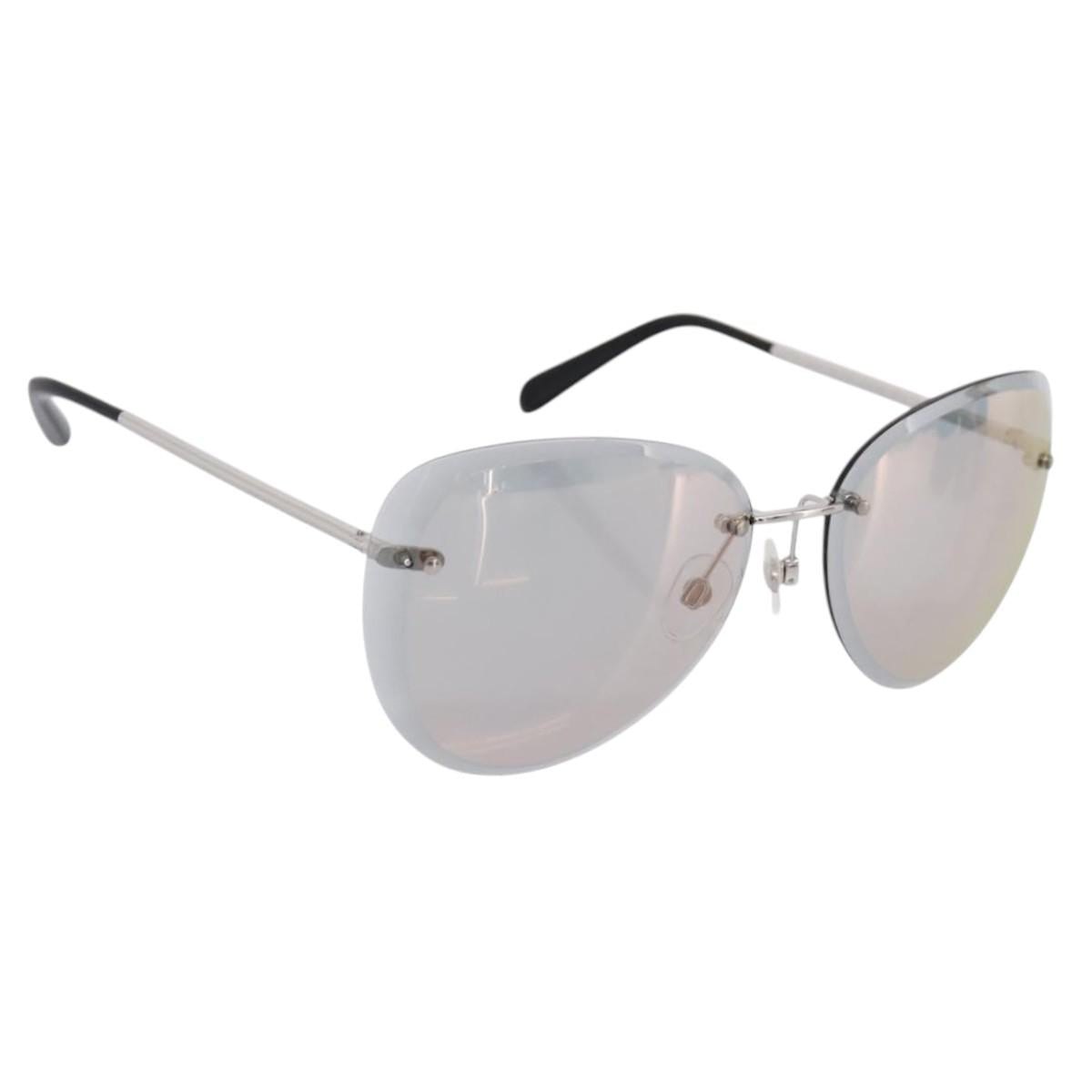 CHANEL Rimless Sunglasses Metal Gray Silver CC Auth am12308M
