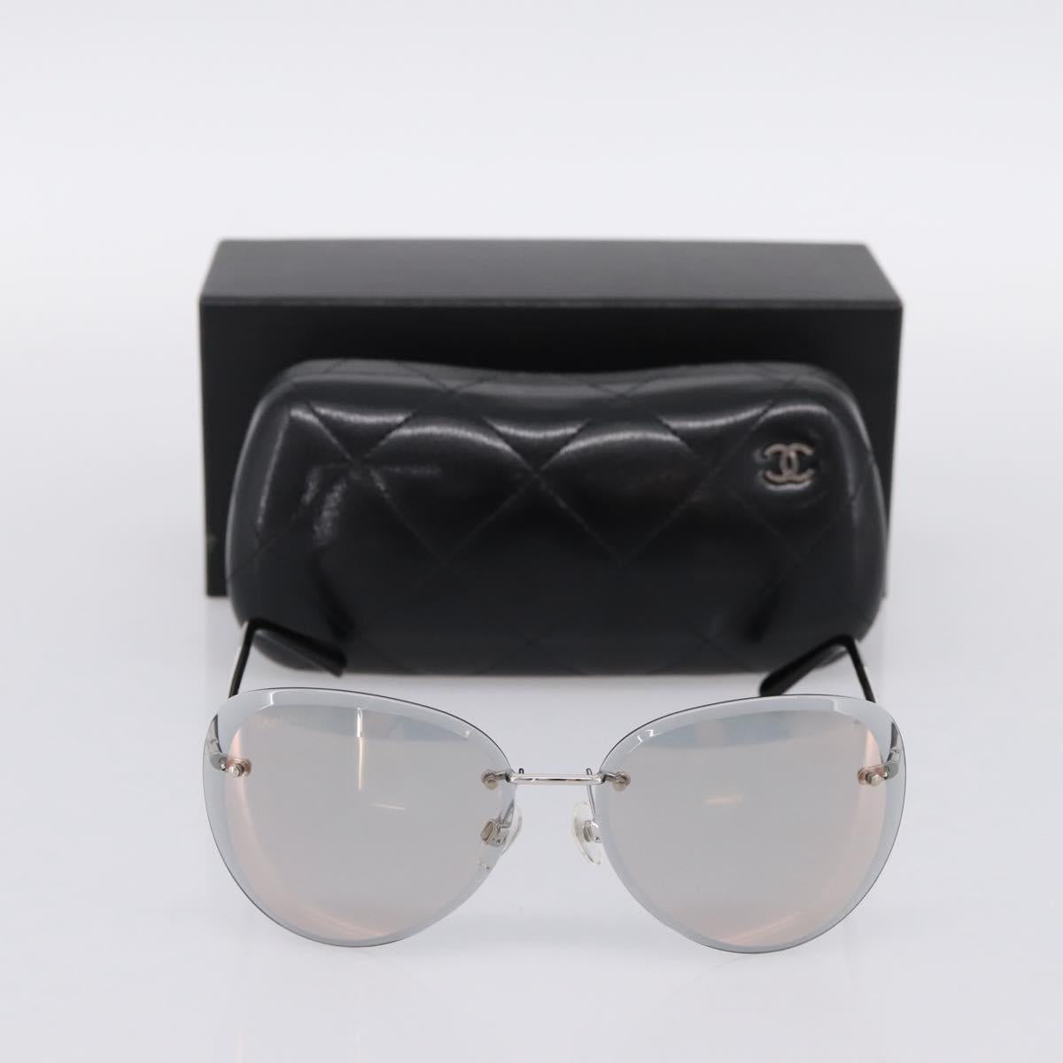 CHANEL Rimless Sunglasses Metal Gray Silver CC Auth am12308M