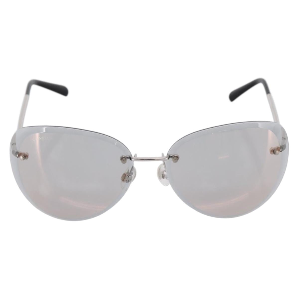 CHANEL Rimless Sunglasses Metal Gray Silver CC Auth am12308M