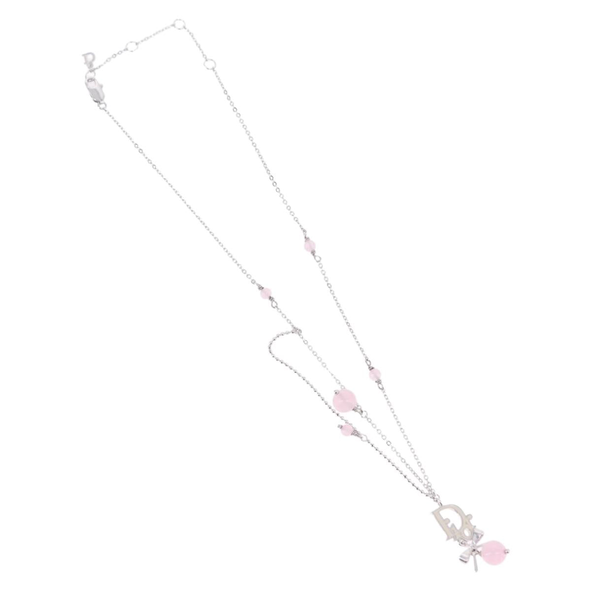 Christian Dior Ribbon Necklace Metal Silver Pink Auth am12310M