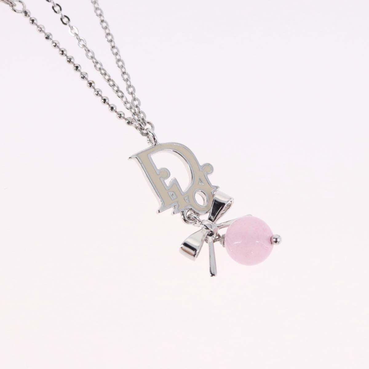 Christian Dior Ribbon Necklace Metal Silver Pink Auth am12310M