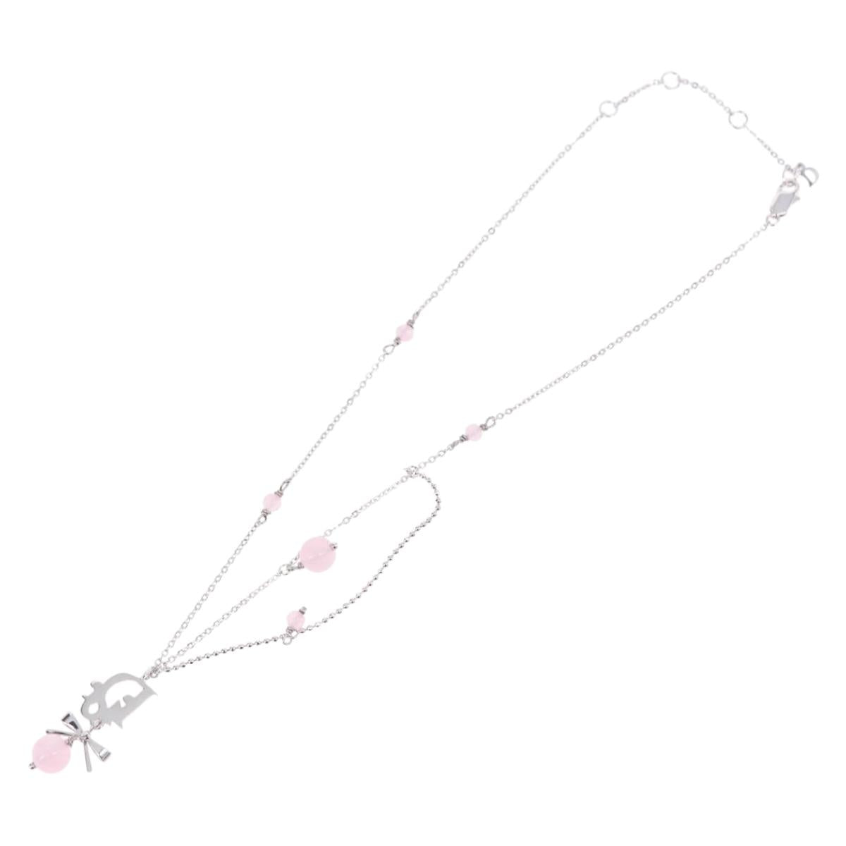 Christian Dior Ribbon Necklace Metal Silver Pink Auth am12310M