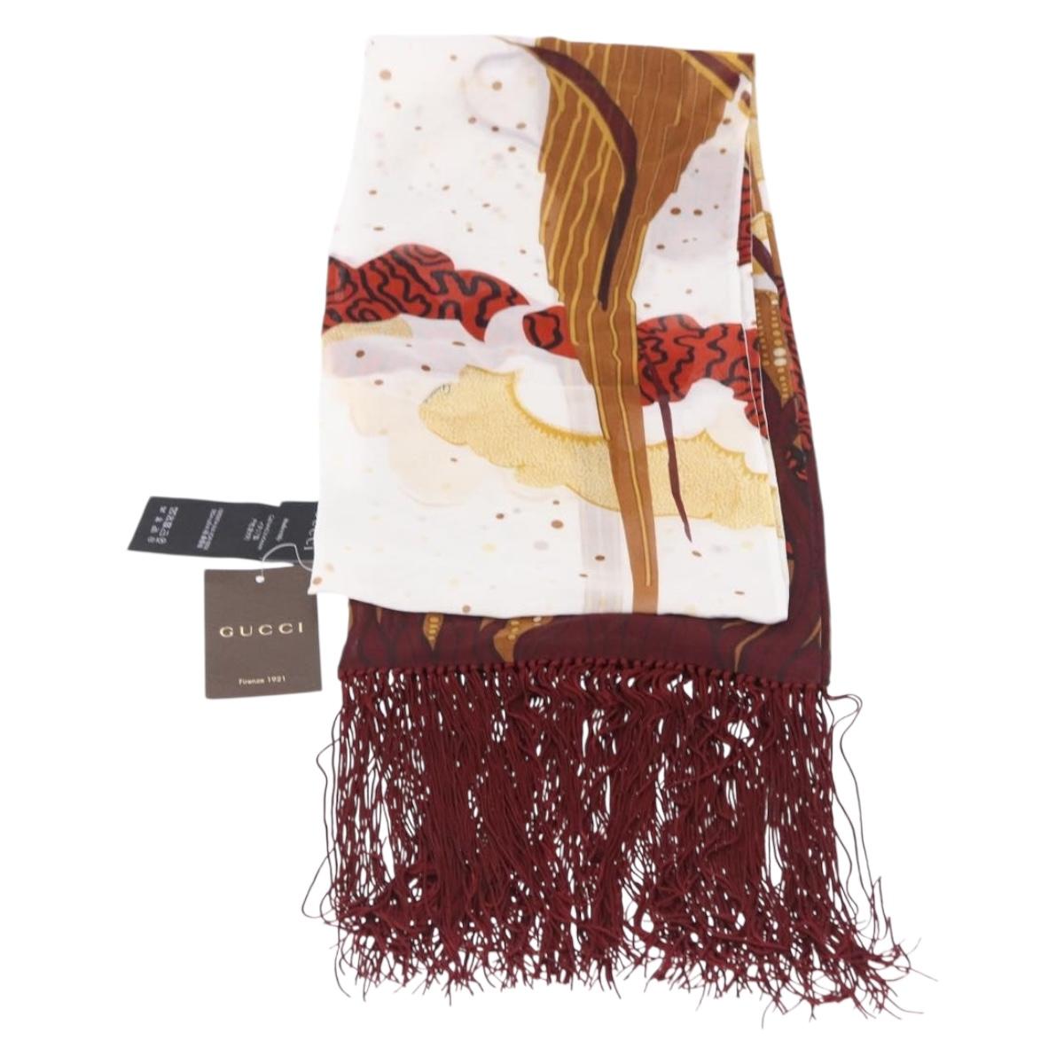 GUCCI Fringe Stole Silk Bordeaux White 380697 Auth am12325V