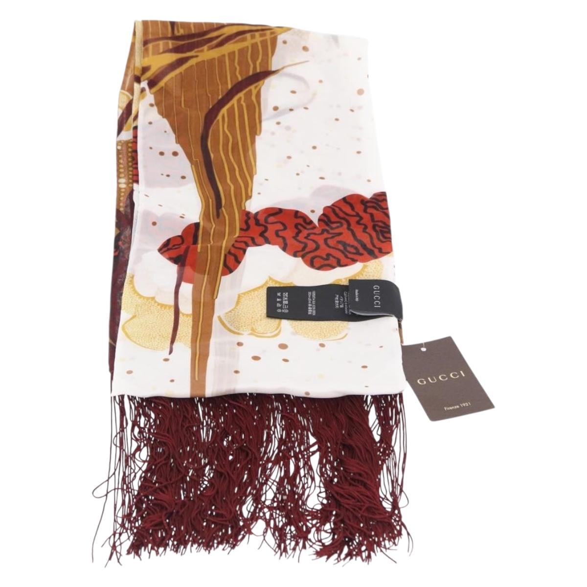 GUCCI Fringe Stole Silk Bordeaux White 380697 Auth am12325V