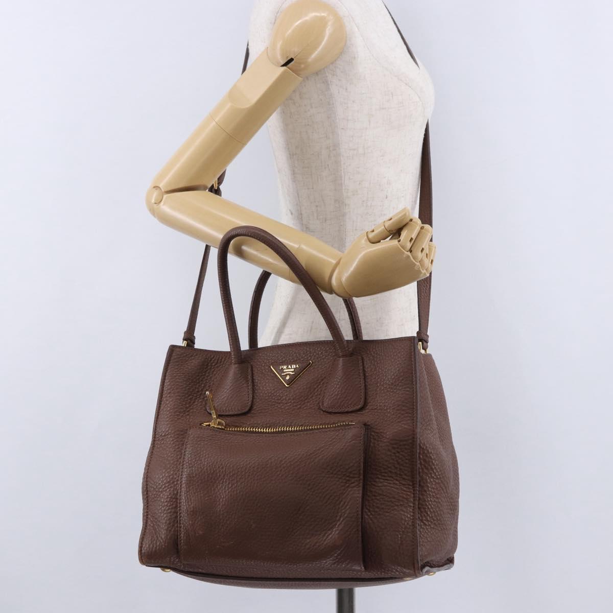 PRADA Hand Bag Taurillon Leather 2way Brown Gold Auth am12327V