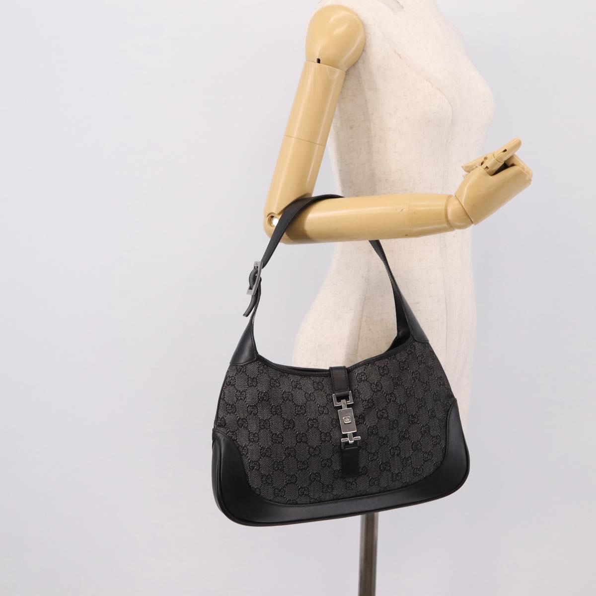 GUCCI GG Canvas Jackie Shoulder Bag Black Silver 00963 Auth am12328V