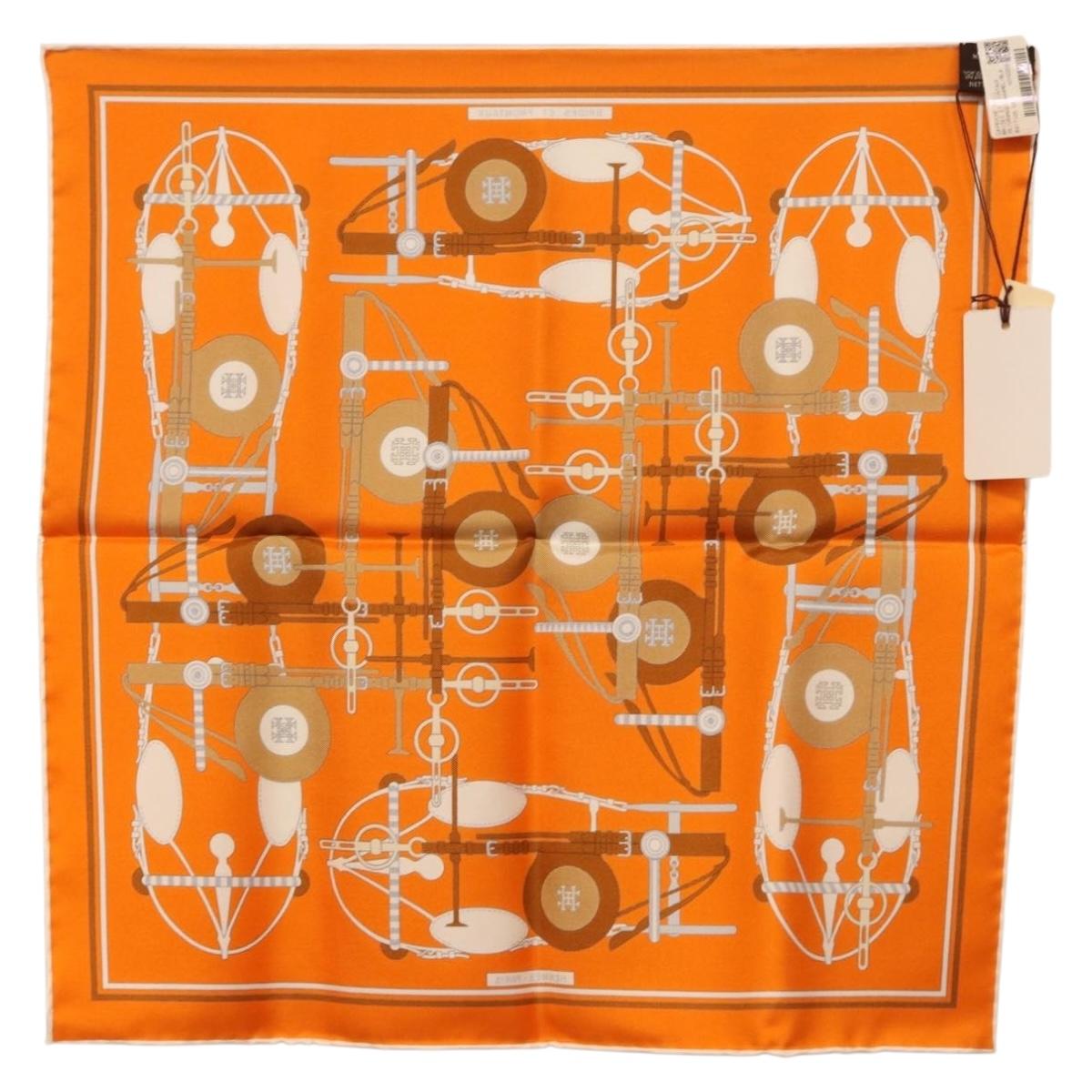 HERMES Carre 40 Scarf Silk ""BRIDES ET FRONTAUX"" Orange White Auth am12333M