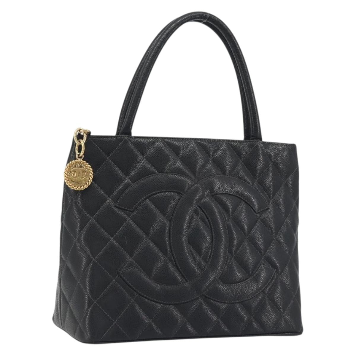 CHANEL Standard Tote Bag Caviar Skin Black Gold CC Auth am12339SAM