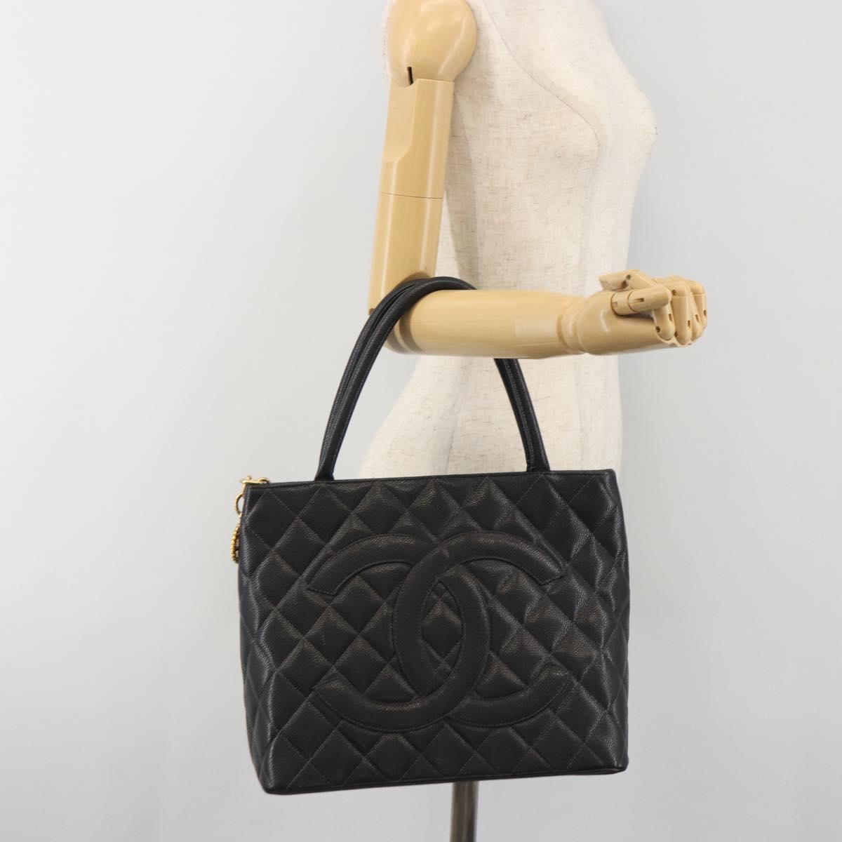 CHANEL Standard Tote Bag Caviar Skin Black Gold CC Auth am12339SAM