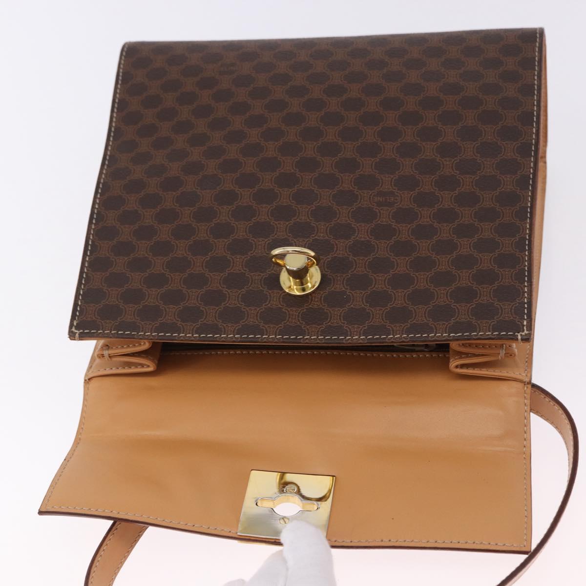 CELINE Macadam Canvas Circle Hand Bag PVC Leather Brown Gold Auth am12348V