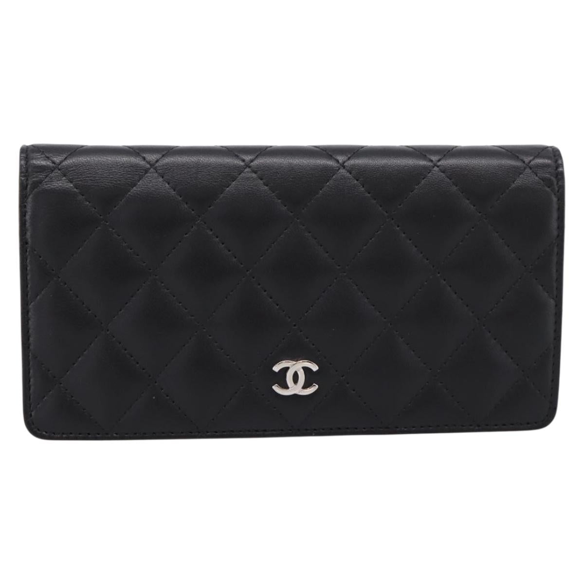 CHANEL Matelasse Long Wallet Lamb Skin Black CC Auth am12350M