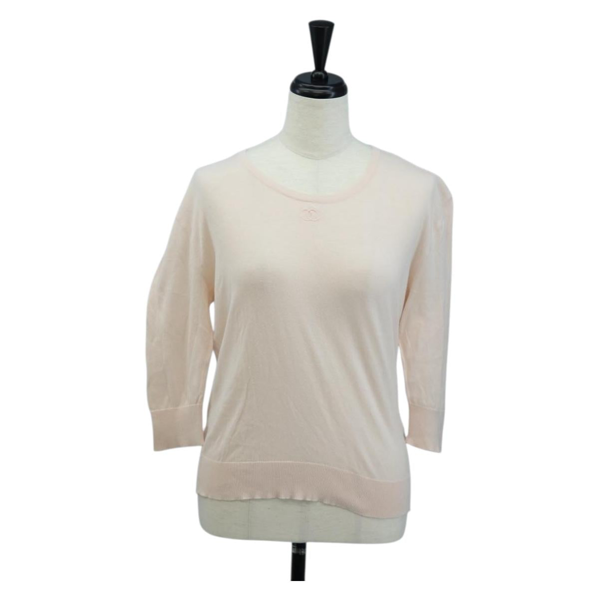 CHANEL CC 3/4 Sleeve Top Cotton Pink CC Auth am12359V