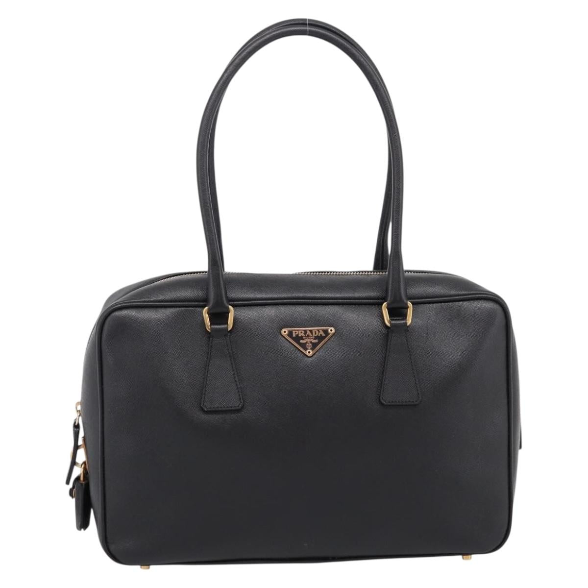 PRADA Hand Bag Saffiano Black Gold Tone Auth am12372SAM