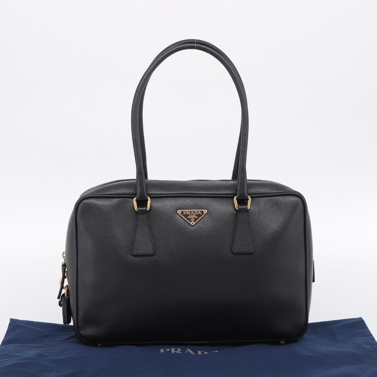 PRADA Hand Bag Saffiano Black Gold Tone Auth am12372SAM