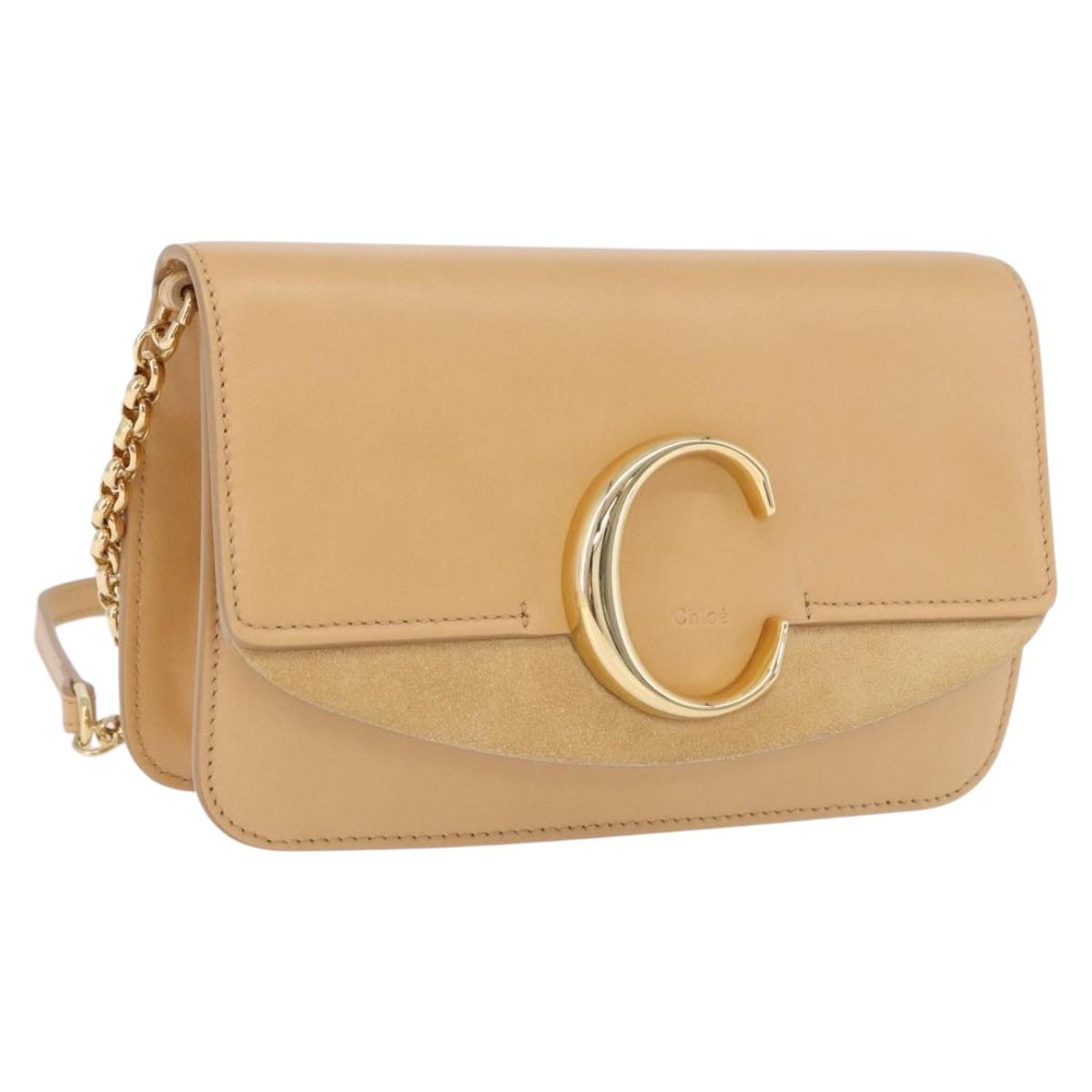Chloe C Chain Shoulder Bag Leather Beige Gold Tone Auth am12374V