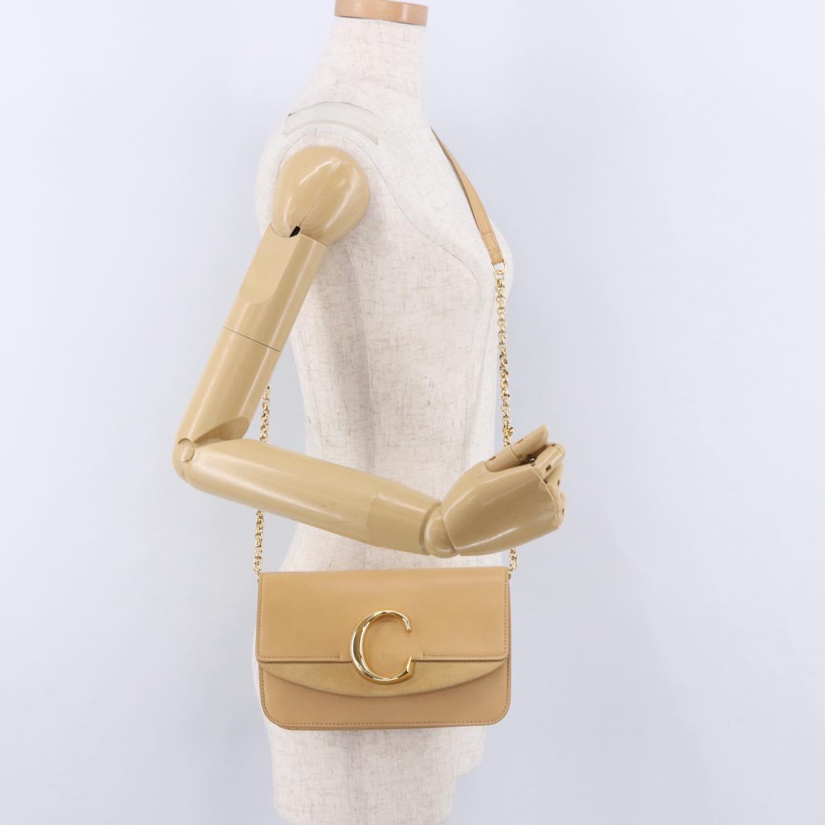 Chloe C Chain Shoulder Bag Leather Beige Gold Tone Auth am12374V
