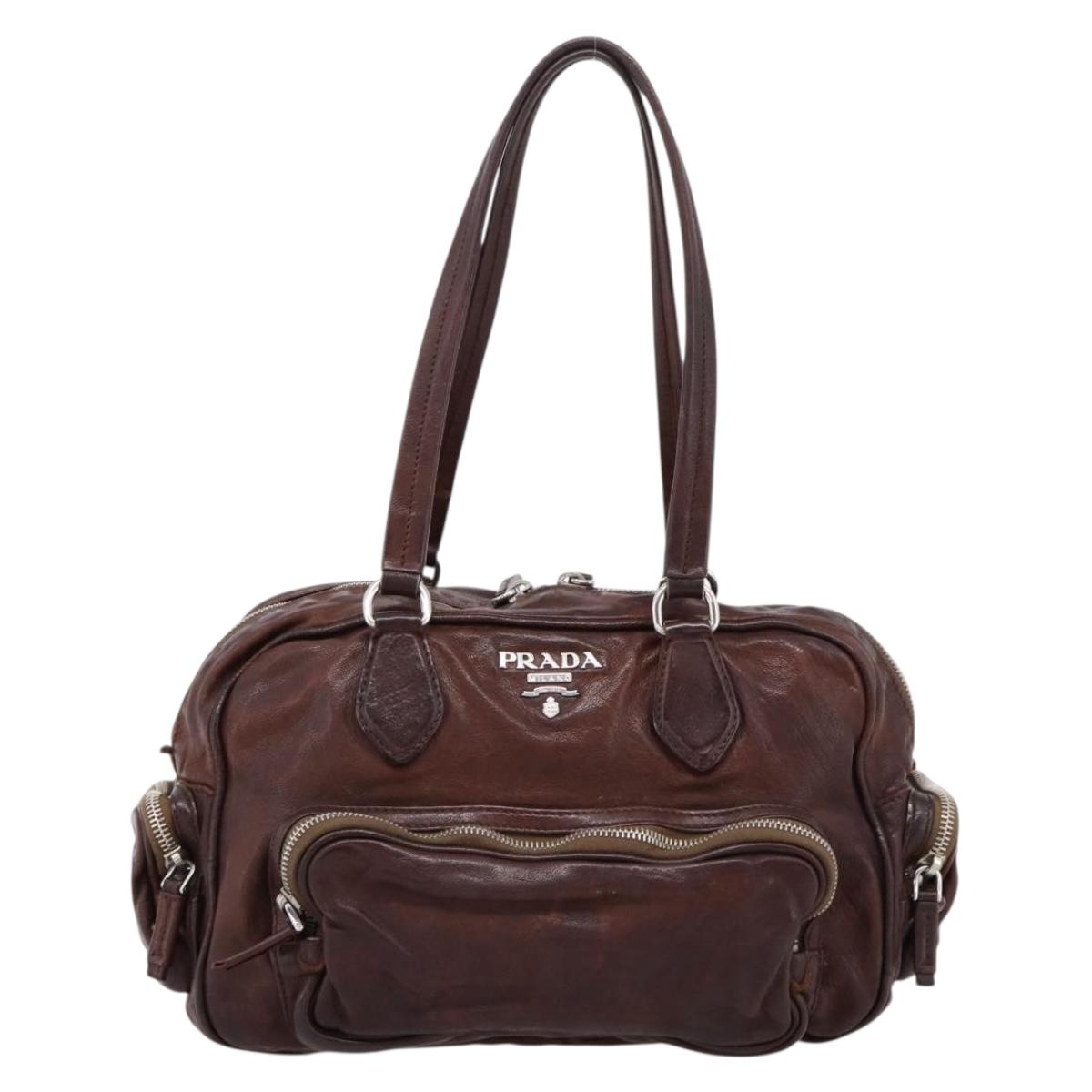 PRADA Hand Bag Leather Brown Silver BR2804 Auth am12375V