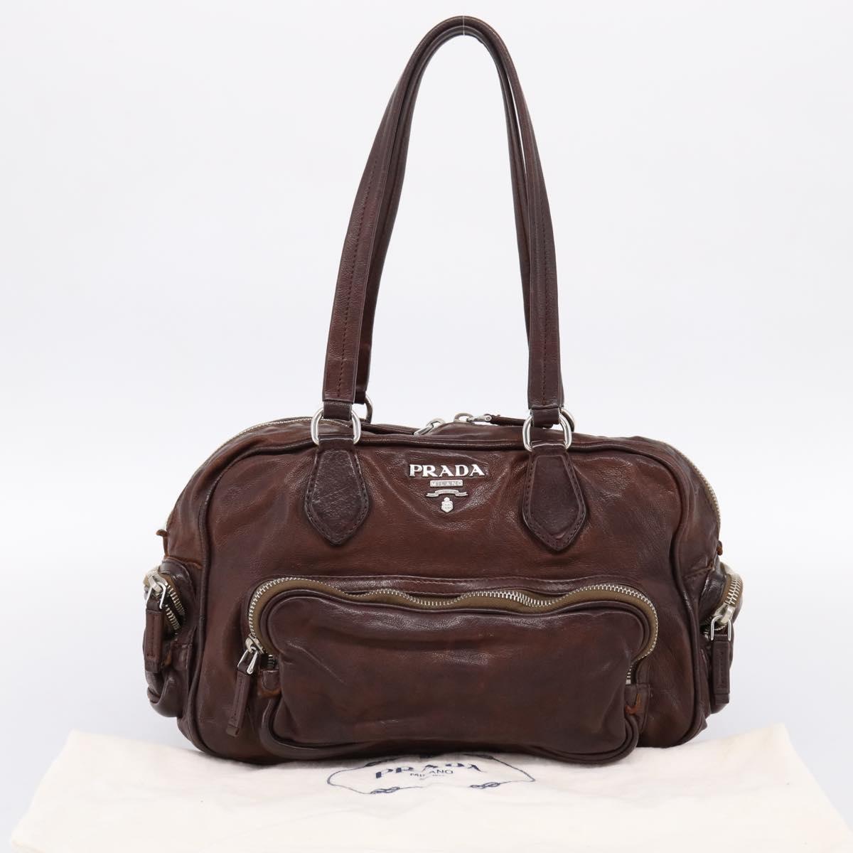 PRADA Hand Bag Leather Brown Silver BR2804 Auth am12375V