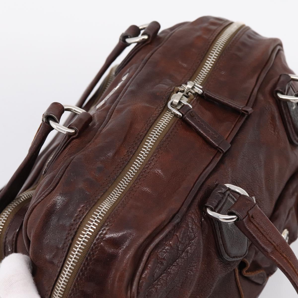 PRADA Hand Bag Leather Brown Silver BR2804 Auth am12375V