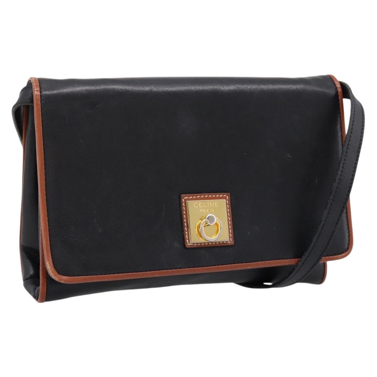 CELINE Circle Shoulder Bag Leather Black Gold Tone Auth am12378A