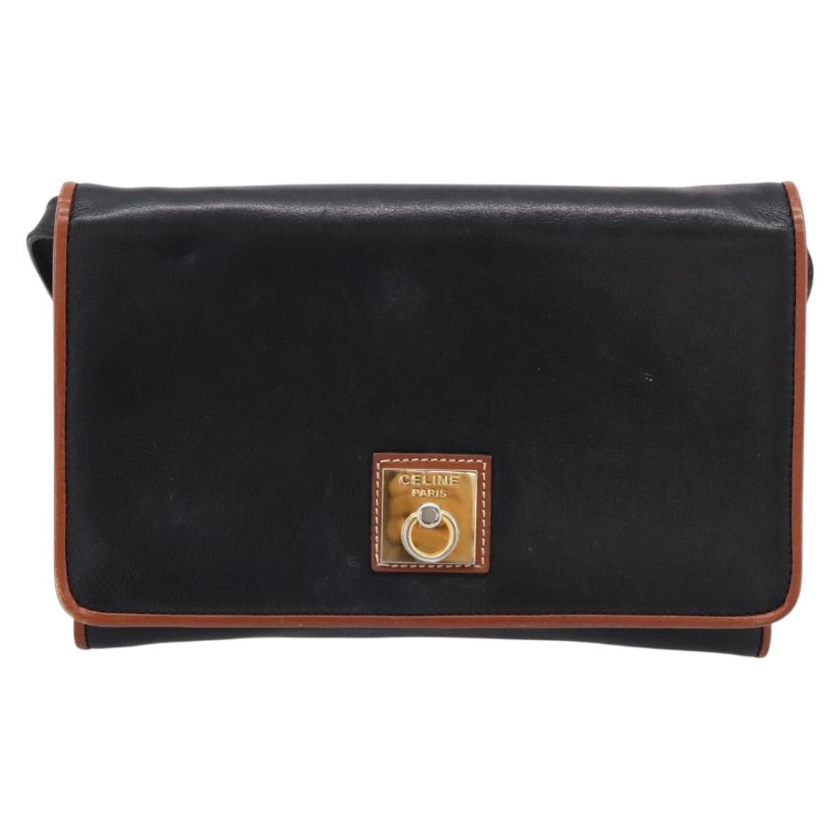 CELINE Circle Shoulder Bag Leather Black Gold Tone Auth am12378A