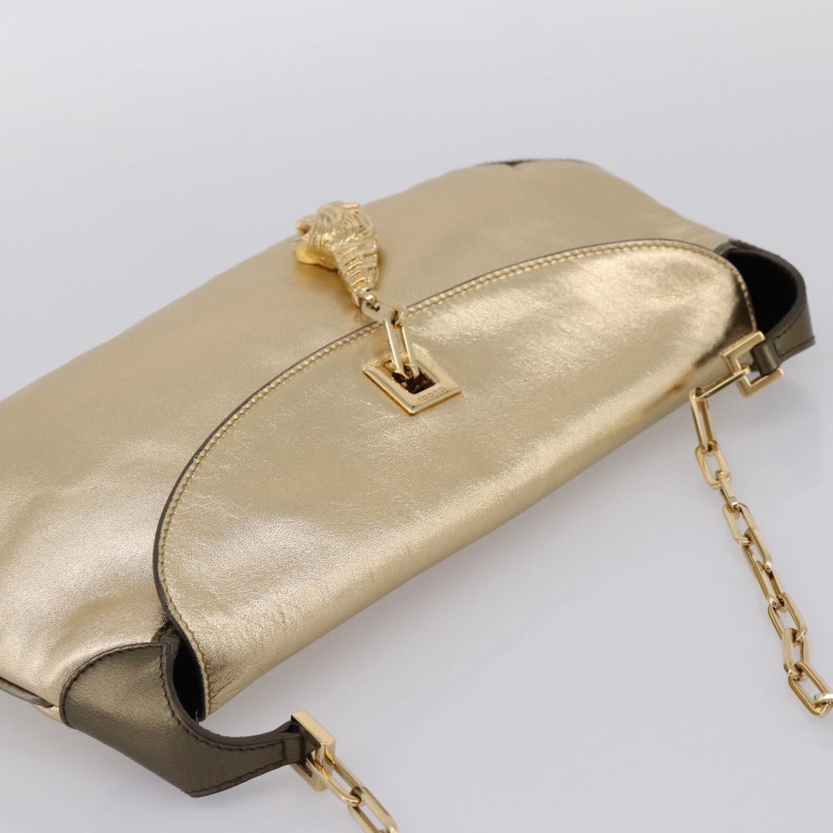 GUCCI Animalier Tiger Head Chain Bag Leather Gold 001 4113 2123 Auth am12398V