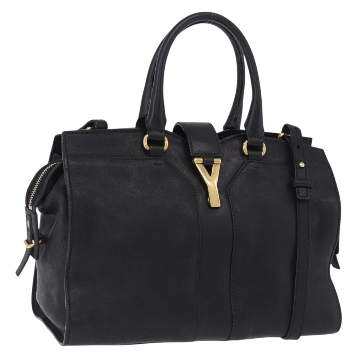SAINT LAURENT Cabas Hand Bag Leather 2way Black Gold Auth am12406V