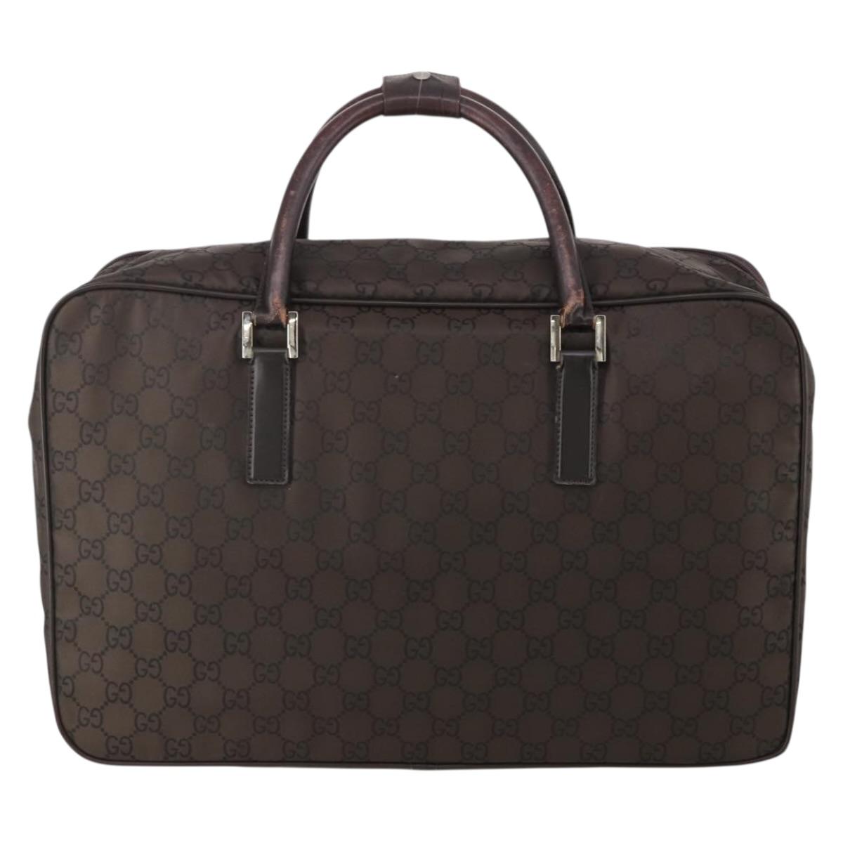 GUCCI GG Canvas Boston Bag Nylon Dark Brown Silver 010 1350 08 Auth am12441
