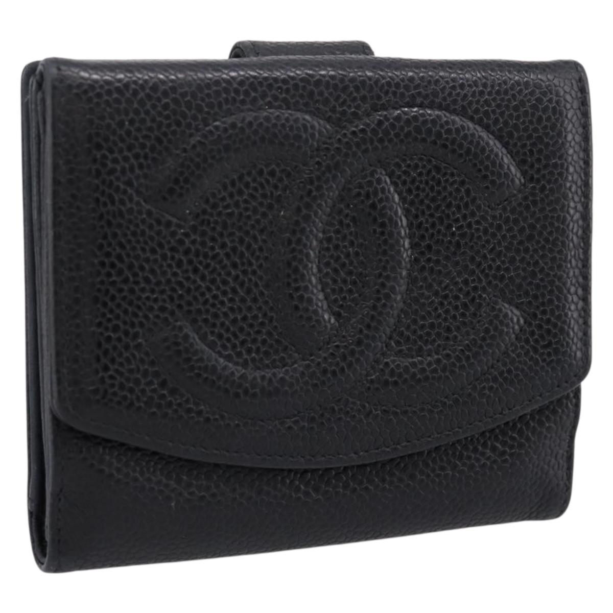 CHANEL Compact Wallet Caviar Skin Black CC Auth am12444A