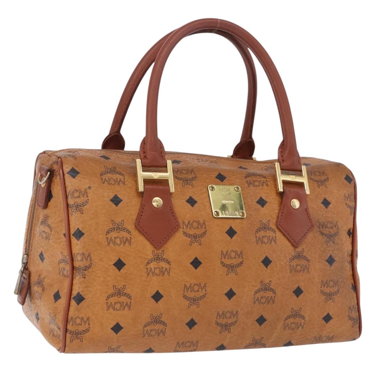 MCM Logogram Vicetos Mini Boston Bag PVC Leather Brown Gold Auth am12453