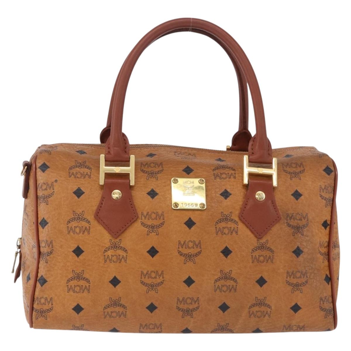 MCM Logogram Vicetos Mini Boston Bag PVC Leather Brown Gold Auth am12453