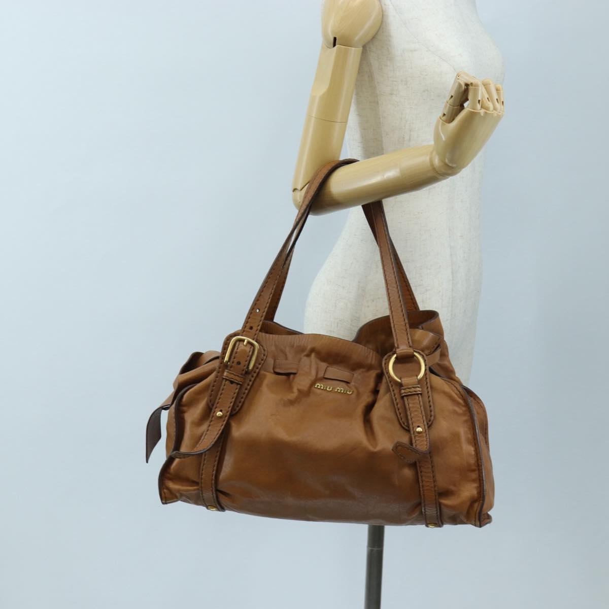 Miu Miu Side Ribbon Shoulder Bag Leather Brown Gold Tone Auth am12465V
