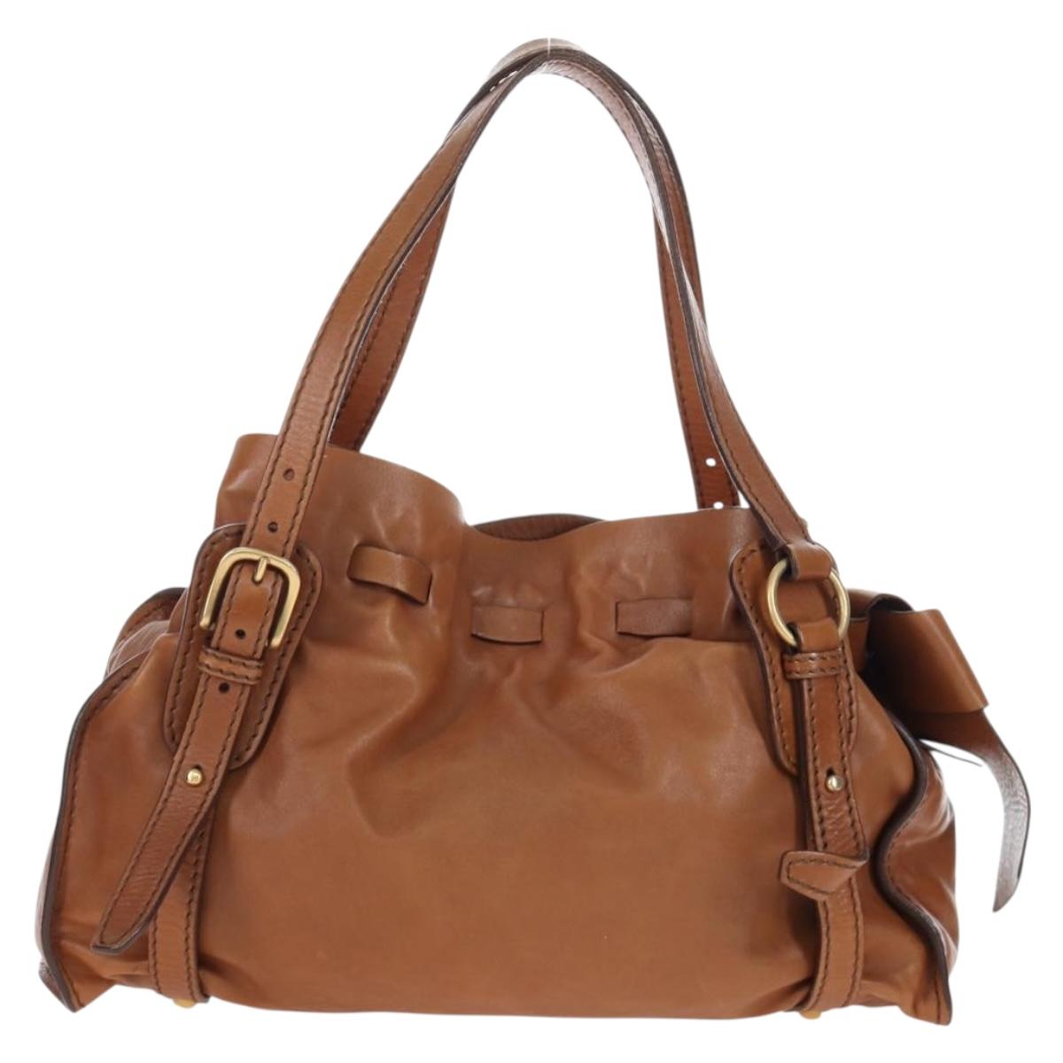 Miu Miu Side Ribbon Shoulder Bag Leather Brown Gold Tone Auth am12465V