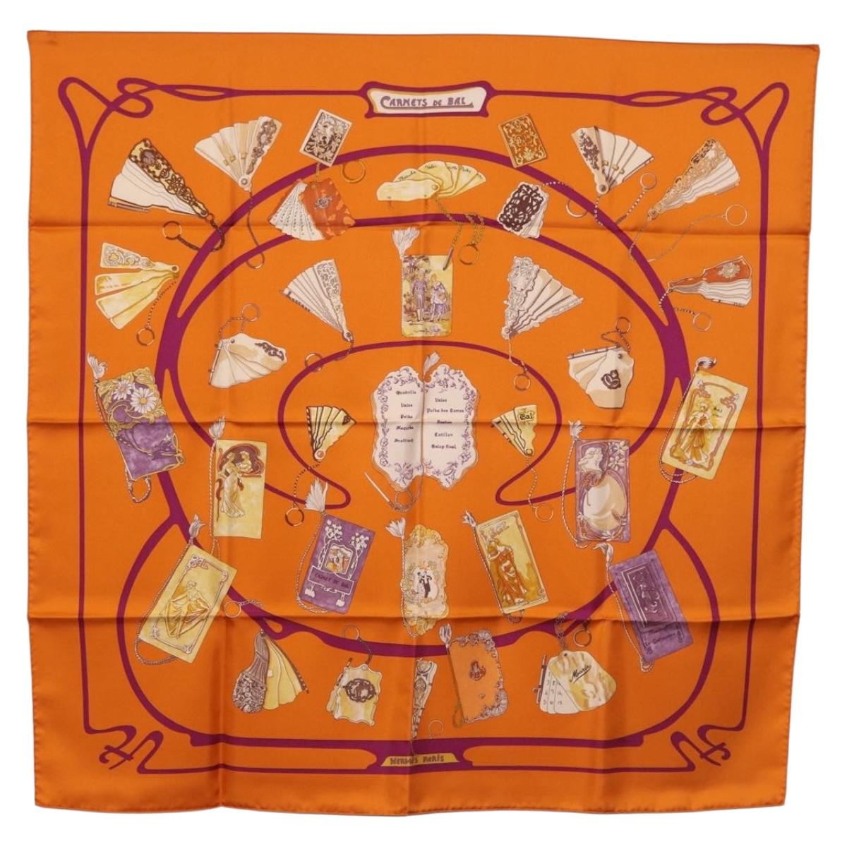 HERMES Carre 90 Scarf Silk ""CARNETS DE BAL"" Orange Auth am12466M