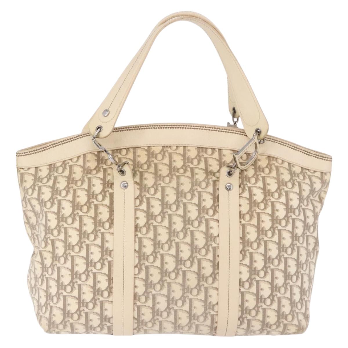 Christian Dior Trotter Canvas Floral Hand Bag Ivory Silver Auth am12468
