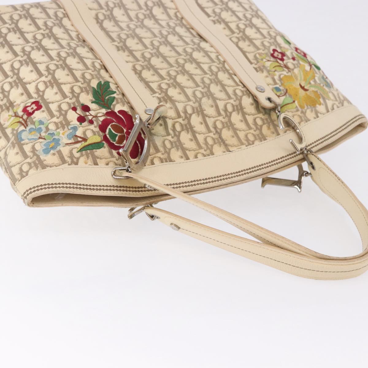 Christian Dior Trotter Canvas Floral Hand Bag Ivory Silver Auth am12468