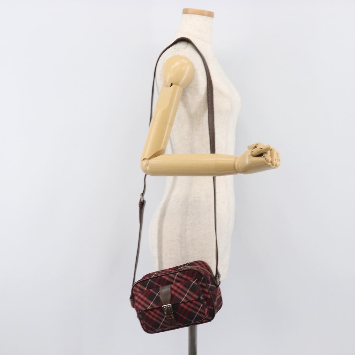 BURBERRY Nova Check Blue Label Shoulder Bag Nylon Bordeaux Silver Auth am12529A