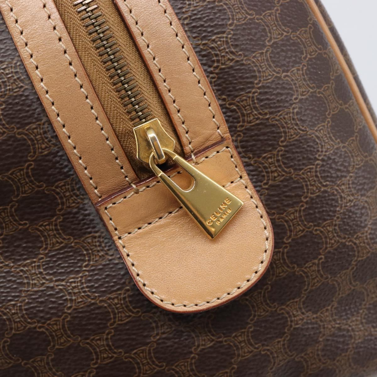 CELINE Macadam Canvas mini Boston Bag PVC Leather Brown Gold Auth am12536A