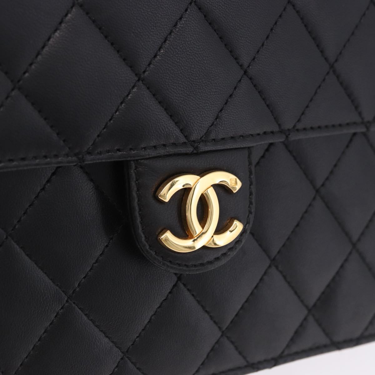 CHANEL Matelasse Push Lock Shoulder Bag Lamb Skin Black Gold CC Auth am12544M