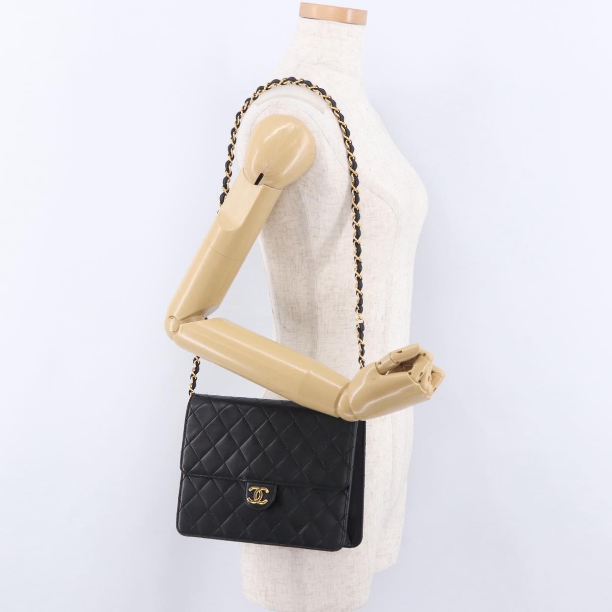 CHANEL Matelasse Push Lock Shoulder Bag Lamb Skin Black Gold CC Auth am12544M
