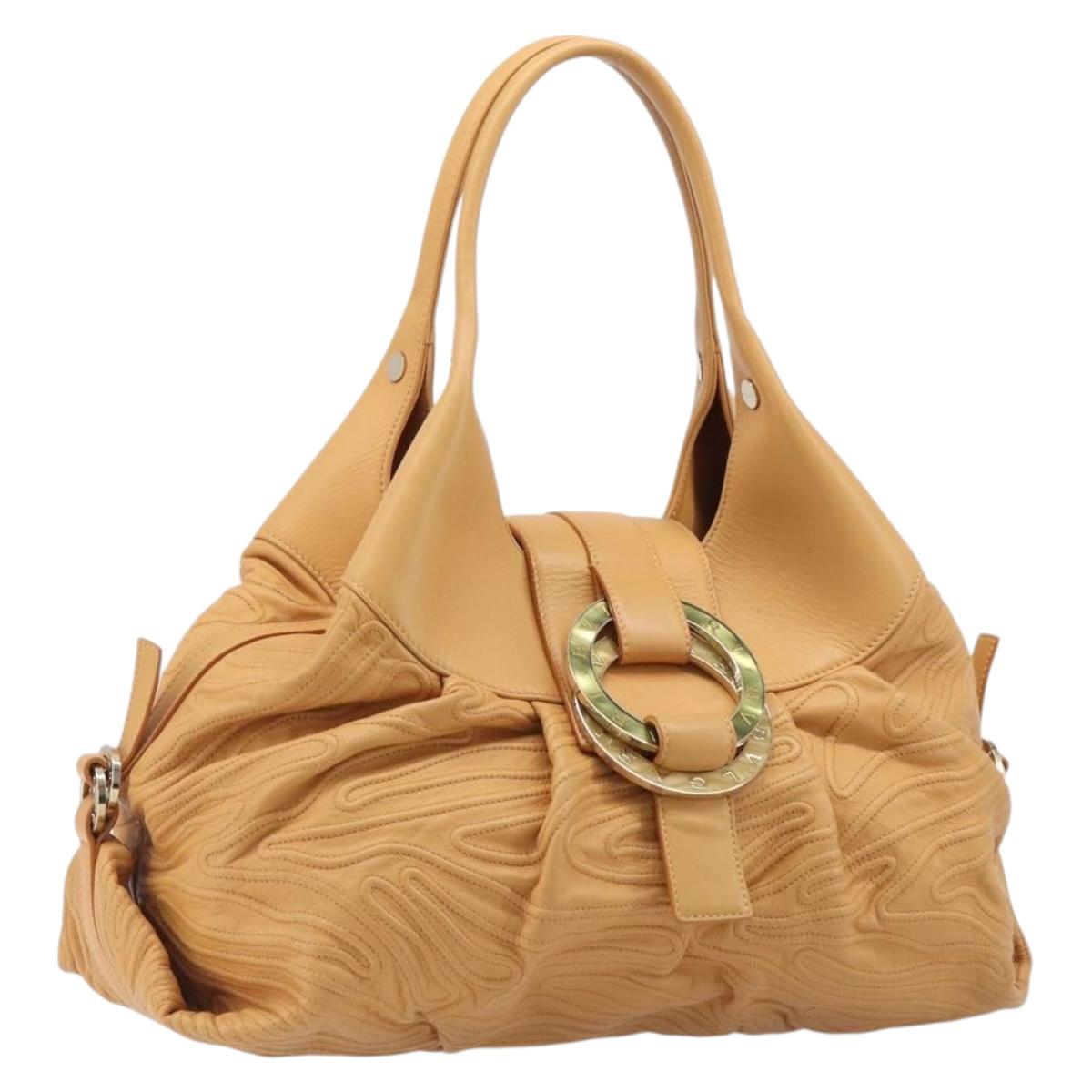 BVLGARI Shoulder Chandra Hand Bag Leather Beige Gold Auth am12555M