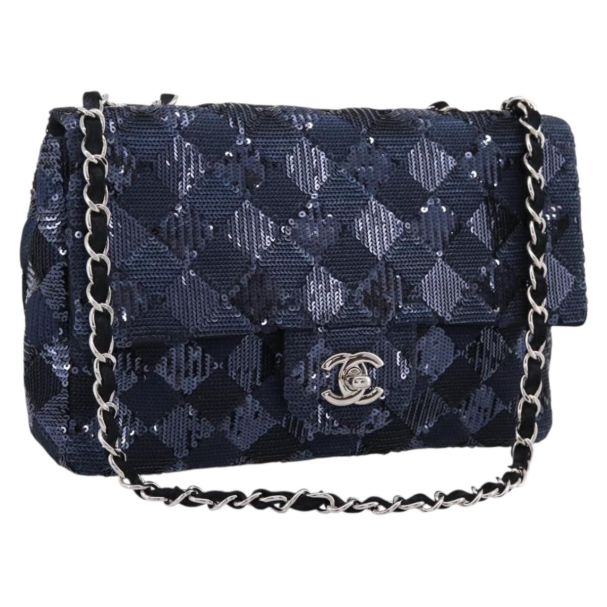 CHANEL Matelasse Double Flap Chain Bag Sequin Navy Silver CC Auth am12561SM