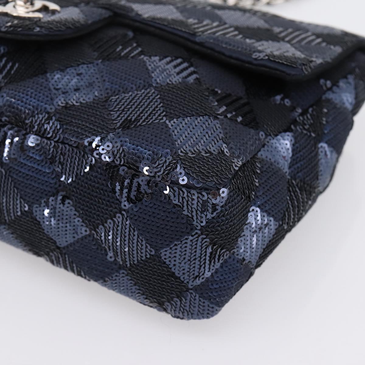 CHANEL Matelasse Double Flap Chain Bag Sequin Navy Silver CC Auth am12561SM
