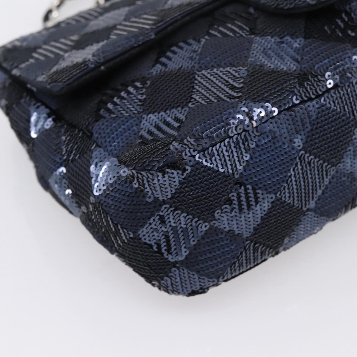 CHANEL Matelasse Double Flap Chain Bag Sequin Navy Silver CC Auth am12561SM
