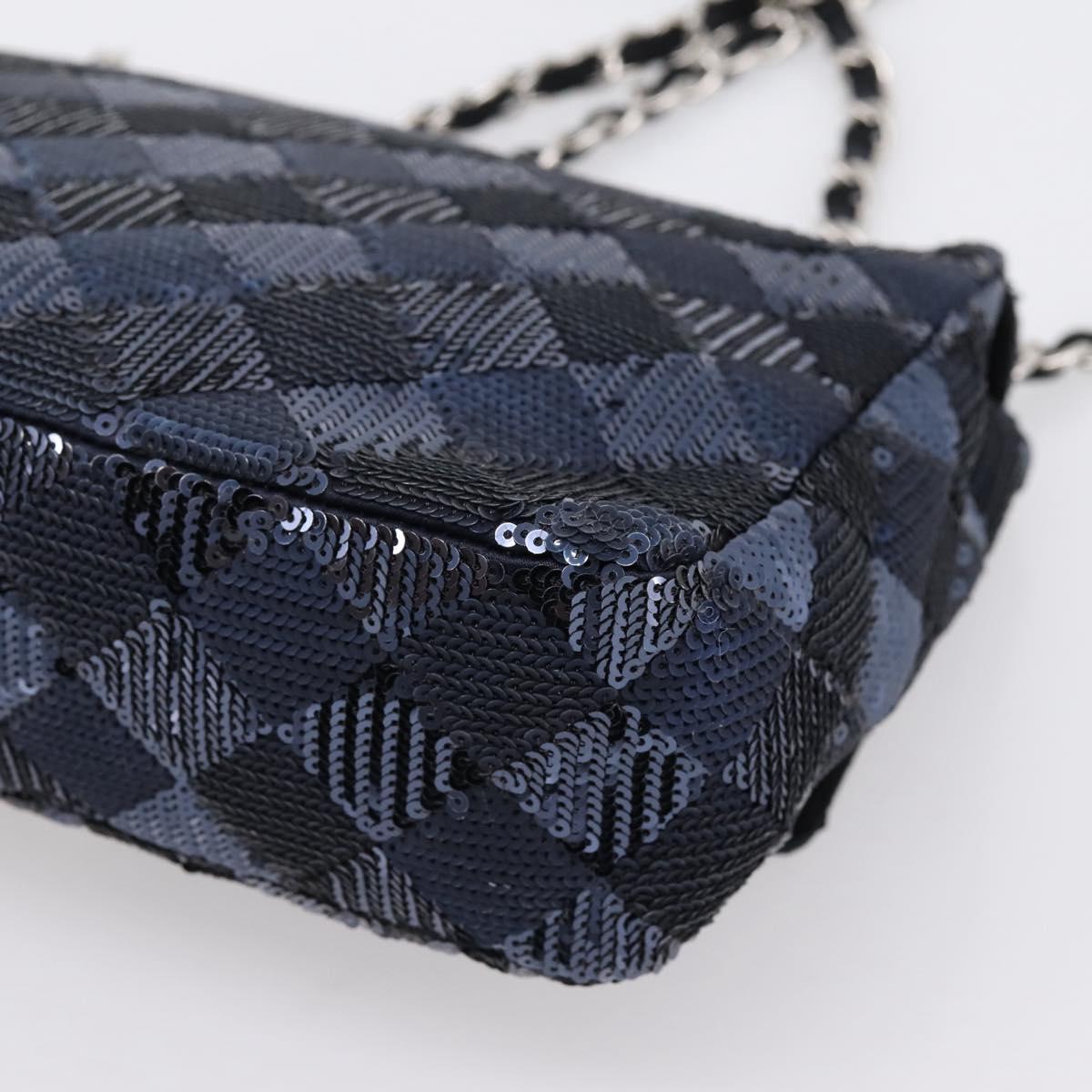 CHANEL Matelasse Double Flap Chain Bag Sequin Navy Silver CC Auth am12561SM