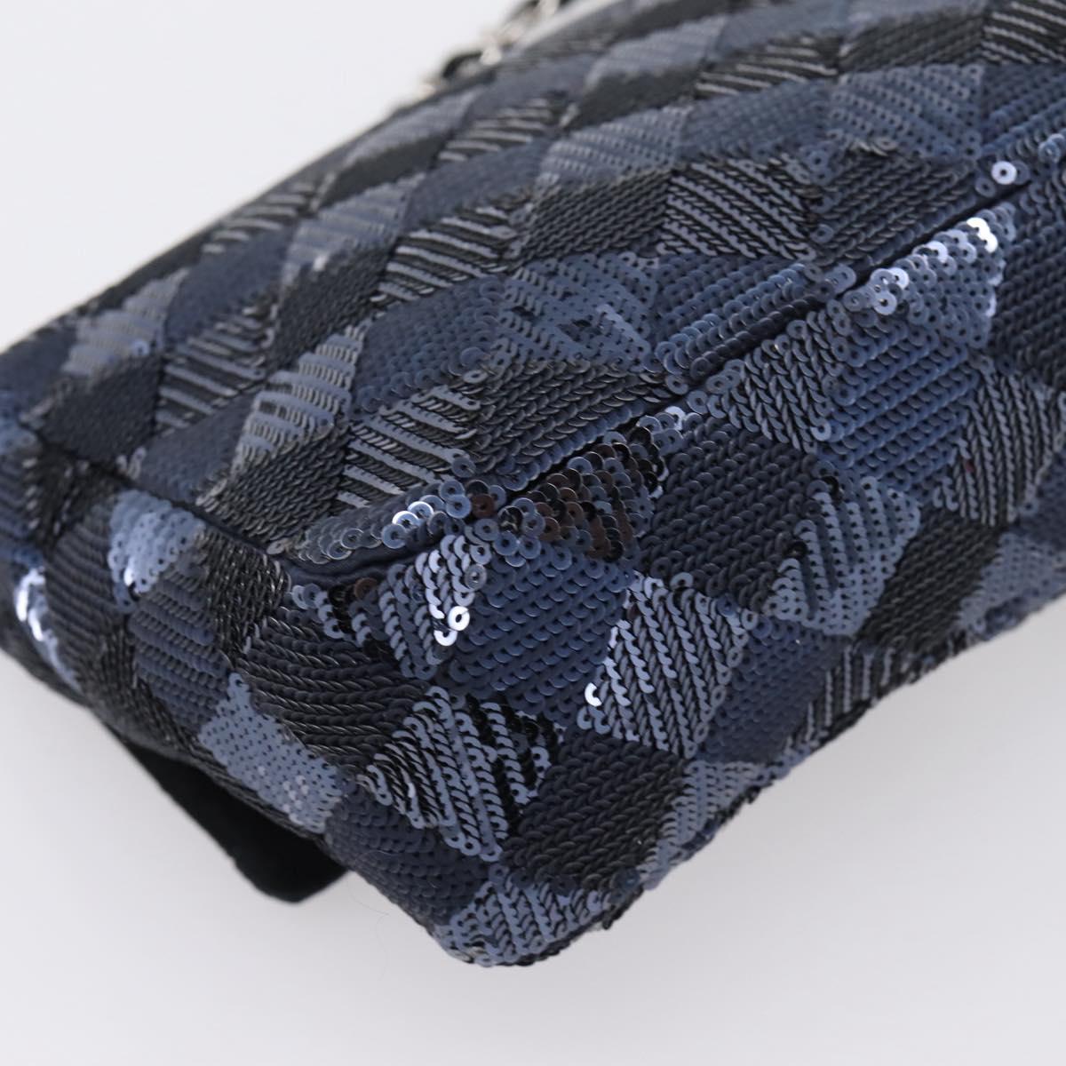 CHANEL Matelasse Double Flap Chain Bag Sequin Navy Silver CC Auth am12561SM